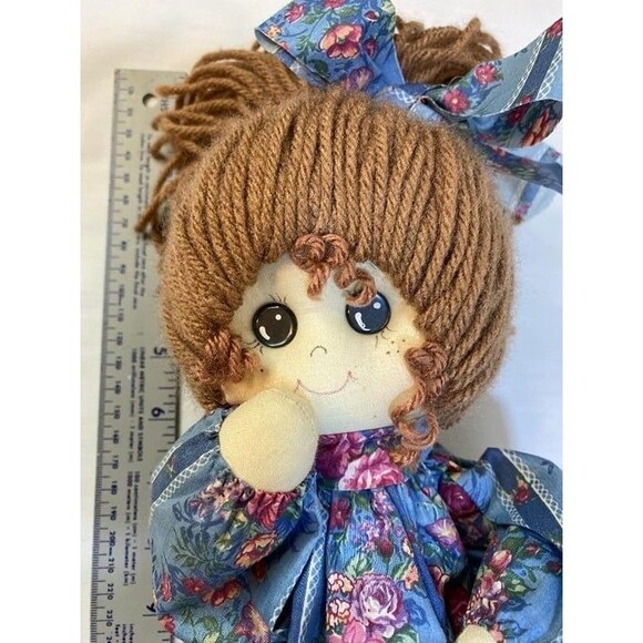 Doll Rag Vintage Handmade Cloth Soft Sculpture Blue Dress Yarn Hair button eyes - Picture 1 of 9